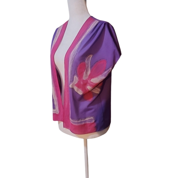 Hand Painted Vest M Floral Purple Pink White Kimono Robe top Blouse Shirt - Picture 2 of 4
